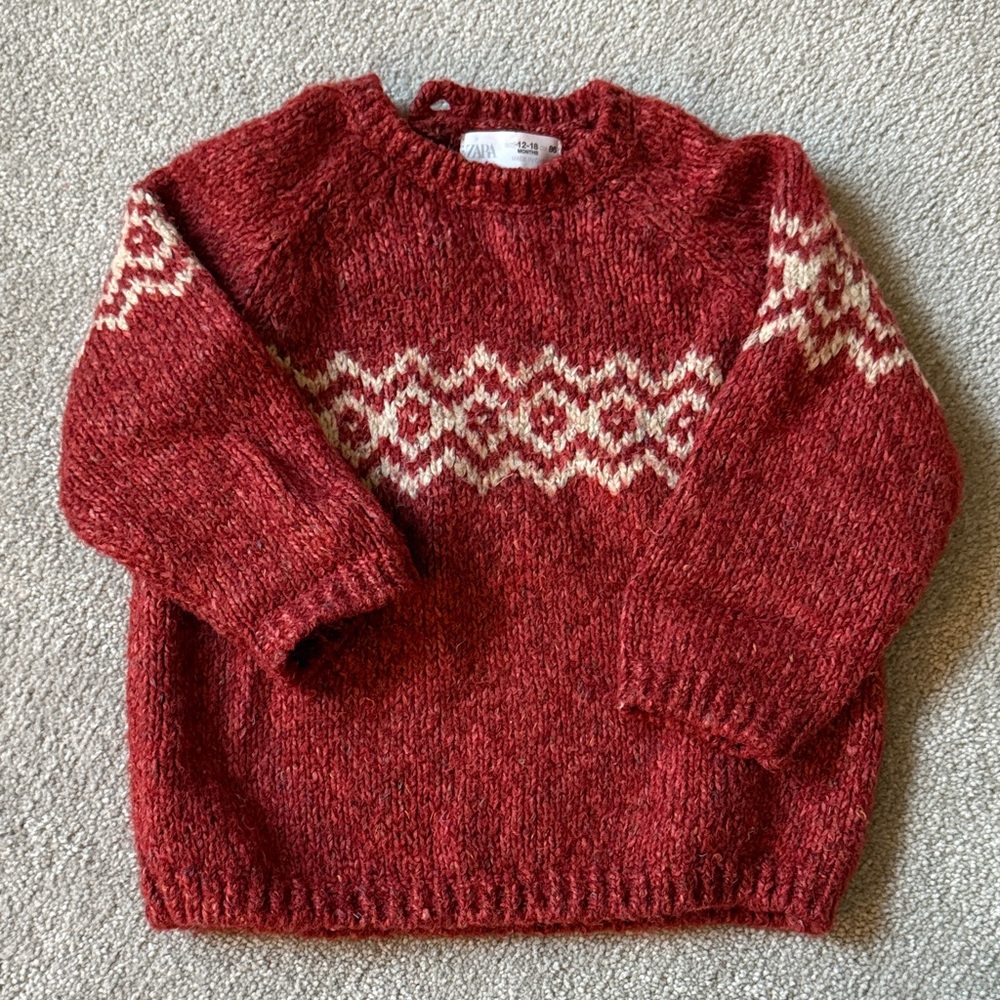 Zara Burgundy Knit Sweater with Cream Pattern